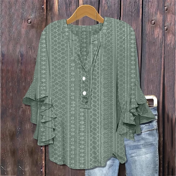 Weiqiqre T Shirts for Women Casual Ruffle Floral Henley Notched V Neck T Shirts Loose Fit Graphic Button Dressy Blouses