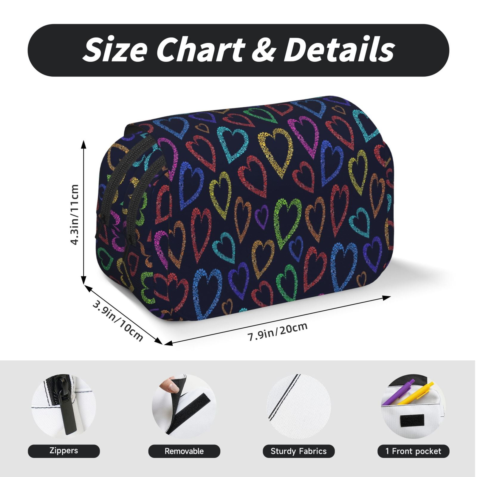 Rateoe Colored Hearts Pattern Double Clamshell Pen Case, Storage Organizer with Two Zipper Compartments– Holds Up to 50 Pencils & Pens