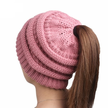 Soft High Bun Ponytail Beanie Hat Womens Winter Hats Warm Knitted Hat ( Pink