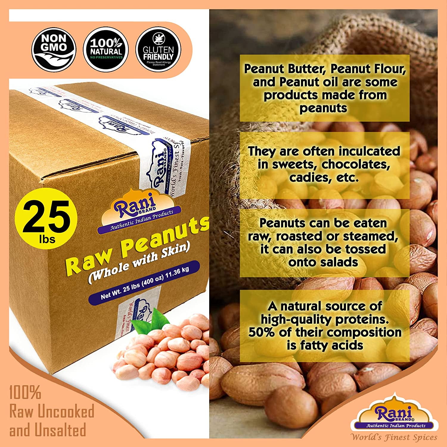 Rani Peanuts, Raw Whole With Skin (uncooked, unsalted) 25lbs (400oz) 11.36kg ~ All Natural | Vegan | Gluten Friendly  ~ Spanish Grade Groundnut / Red-skin