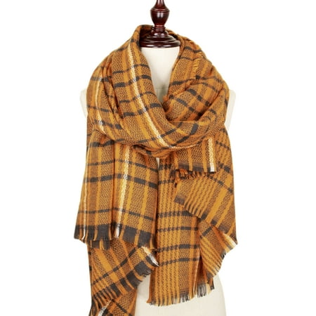 Fringe Hip Scarf - StylesILove Oversize Oblong Plaid Pattern Design with Fringed Trim Scarf (Mustard)