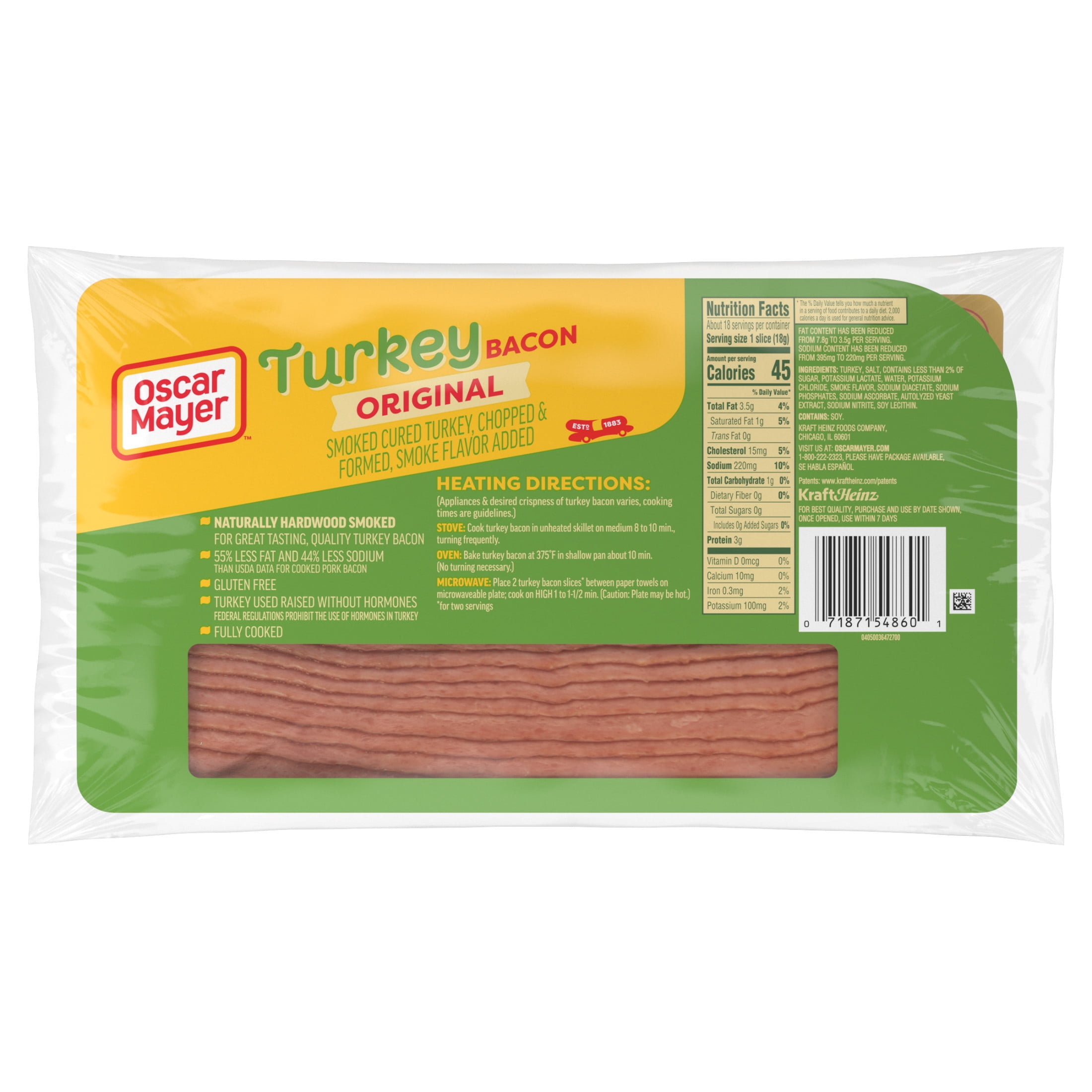 Oscar Mayer Gluten Free Fully Cooked Turkey Bacon with 55% Less Fat & 44% Less Sodium, 12 oz Pack, About 18 slices