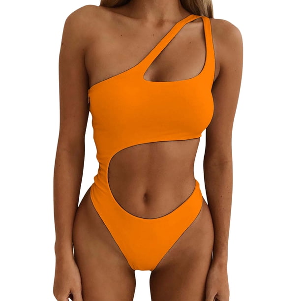 Gibobby Trajes de Baño para Mujer Conjunto de bikini de talle con recorte de un hombro para mujer Traje de baño de 2 piezas entrecruzado Traje de baño(Naranja,M)