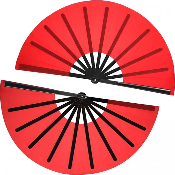 XIBUFE 2 Pcs Large Folding Hand Rave Fan Large Clap Fans for Line Dancing Nylon Cloth Foldable Hand Rave Fan for Chinese Kung Fu Festival Craft Dance Decoration(Red,Simple Pattern)