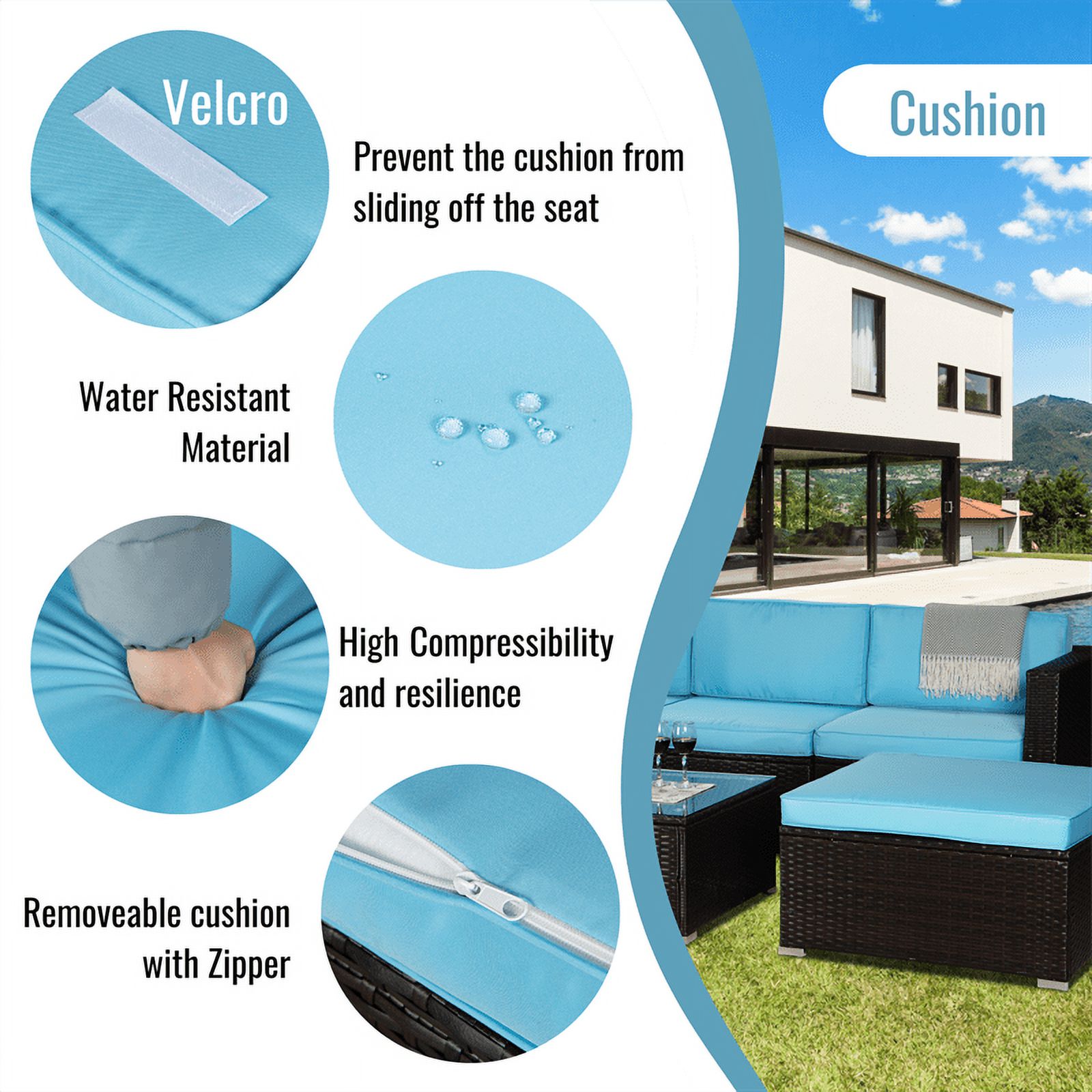 4 Pieces Patio Furniture Set, Outdoor Wicker Rattan Sectional Sofa Couch Set with Coffee Table & Ottoman and 2 Chairs All Weather Conversation Set with Blue Cushions for Garden Backyard, Brown - image 4 of 7