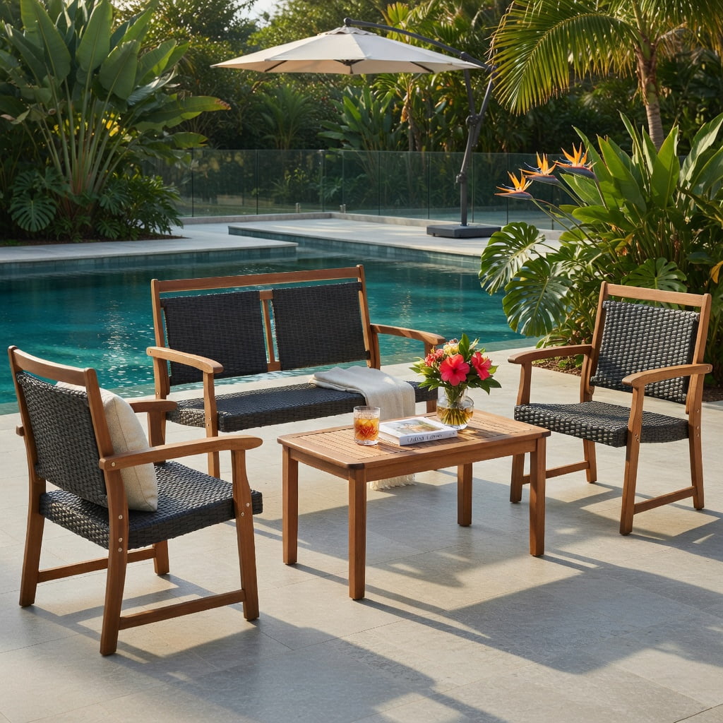 Hommoo 4-Piece Outdoor Patio Rattan Sofa Set with Solid Acacia Wood Frame, Weather-Resistant PE Rattan Loveseat, Single Sofas & Coffee Table for Backyard, Poolside, Garden, Reddish Brown