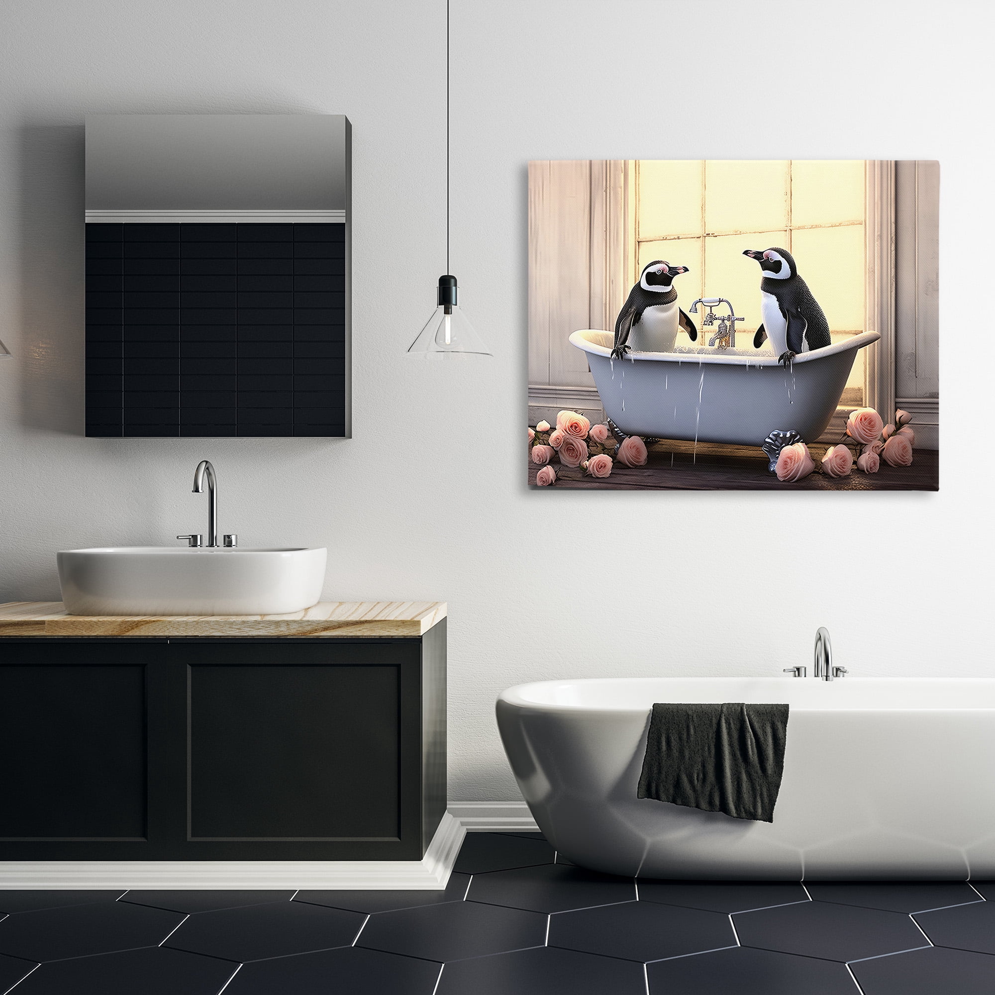 Stupell Industries Penguins Bathing in Tub Animals & Insects Painting Gallery Wrapped Canvas Art Print Wall Art, 48 x 36