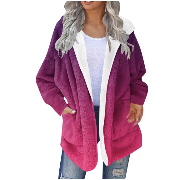 Riecok Fleece Lined Jacket Women Long Sleeve Jackets Zip Up Fuzzy Gradient Coats with Pockets Casual Trendy Clothes