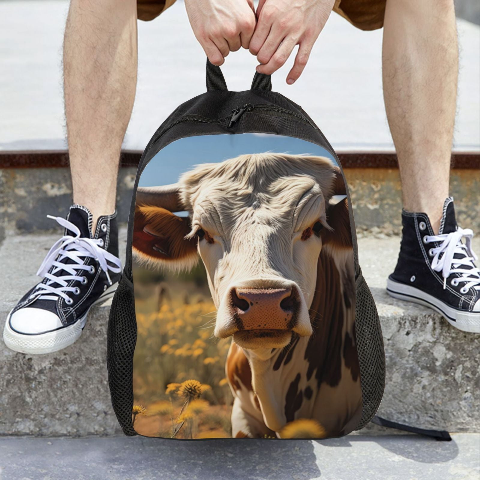 Xecao Countryside Flower Cow Print School Backpack with Laptop Compartment Small Travel Laptop Backpack for Women Men Waterproof College Backpack Simple School Bag