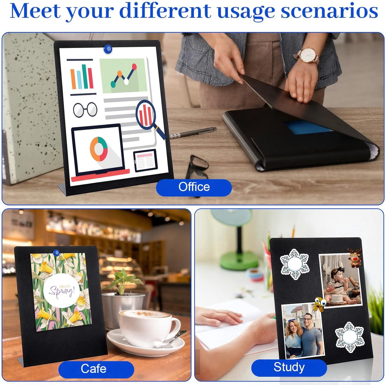2 Pieces Magnetic Bulletin Board with Stand 11 x 8.5 Inches Mini Black Magnet Metal Tabletop Memo Display Board for Back to School Menu Table Home Kitchen Office Supplies