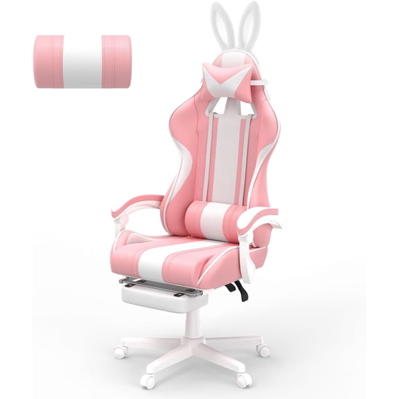 Ferghana Bunny Ears Gaming Chair, Cute Gamer Chair with Footrest and Massage, Leather Ergonomic Computer Game Chair for Girls Adults Teens Kids Pink