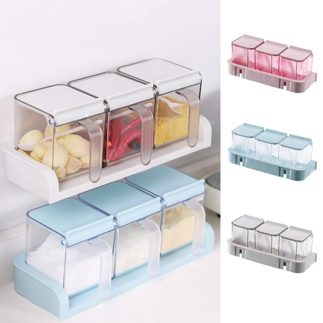 Vaidha Transparent Wall-mounted Squares Spice Jar Set Three Spice Boxes To Form A Kitchen Combination Spice Boxes Plastic Flip Spice Boxes Seasoning Boxes Set