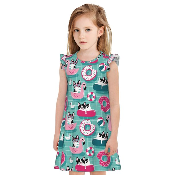 Fotbe Dogs With Swimming Vestido de Dormir para Niñas de 3 a 10 Años, Mangas Cortas, Estilo Princesa, Pijama Camisón con Mangas Voladas-Medium