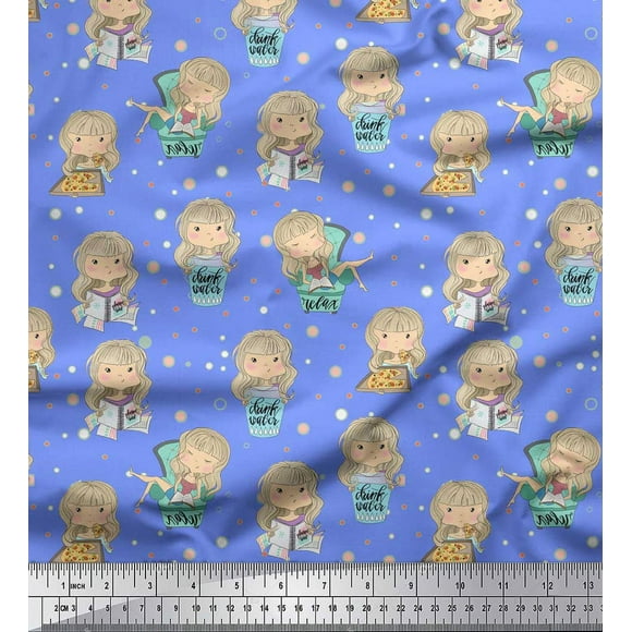 Soimoi Blue Rayon Fabric Cute Girl & Dots Fabric Prints By Yard 42 Inch Wide