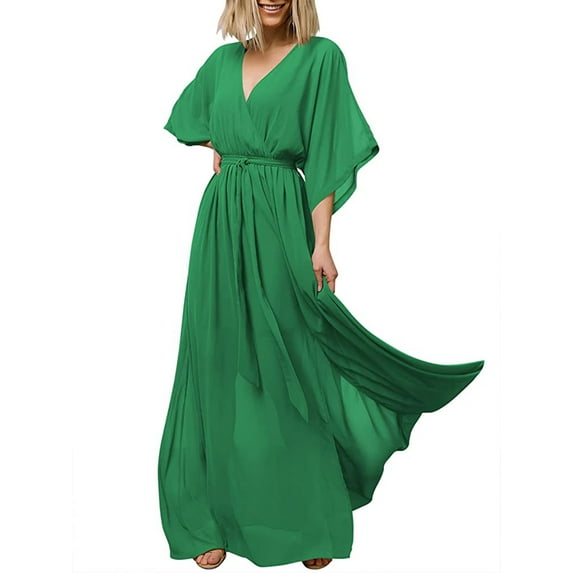 Qiylii Women's Floral Print Loose Maxi Dress 4/3 Sleeve V-Neck Flowy Sundress Aesthetic Casual Summer Boho Beachwear