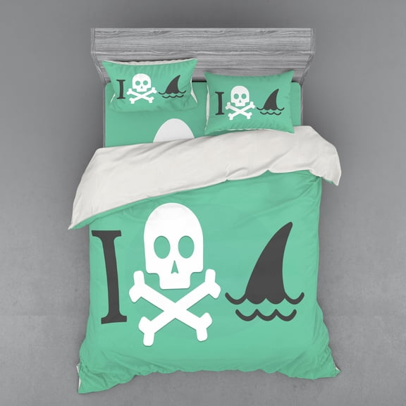 Ambesonne Green Bedding Set 4 Pcs, Skull Shark Marine Words, Queen, Green White