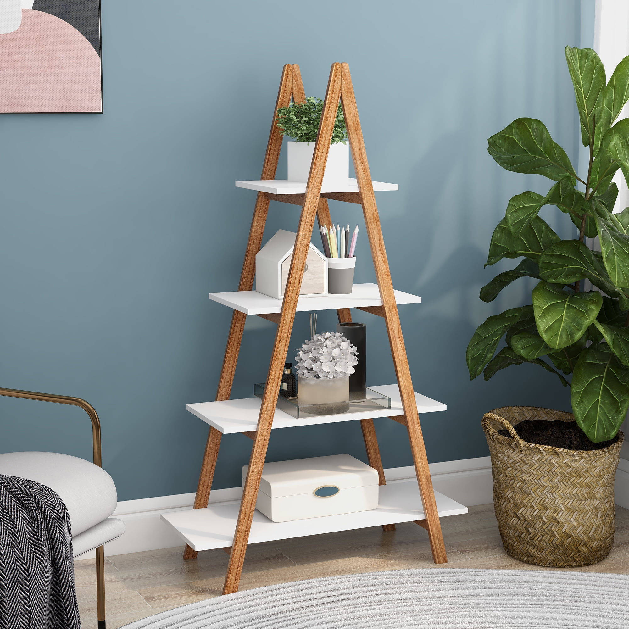 Solid Bamboo Wood Oxford "A" Frame Ladder Display Bookshelf