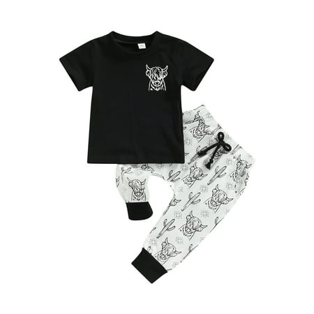 

Diconna Toddler Baby Boy Clothes Letter Print Short Sleeve T Shirt Top Jogger Pants 2Pcs Summer Outfits Set Black 6-12 Months