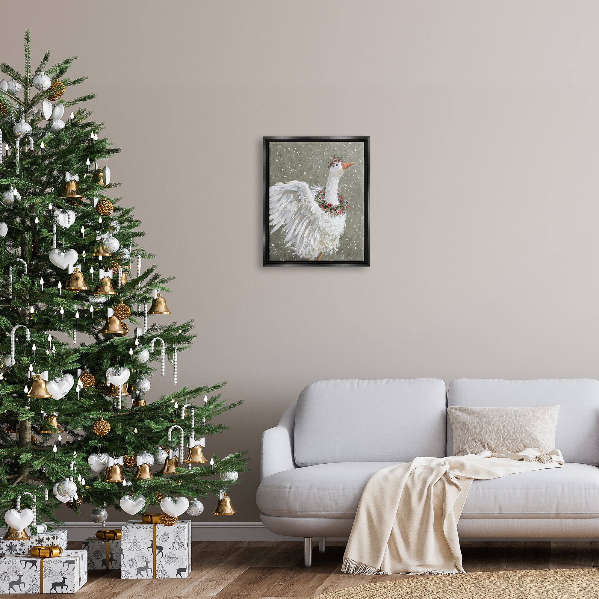 Stupell Industries Winter Goose Seasonal Botanicals Holiday Painting Black Floater Framed Art Print Wall Art