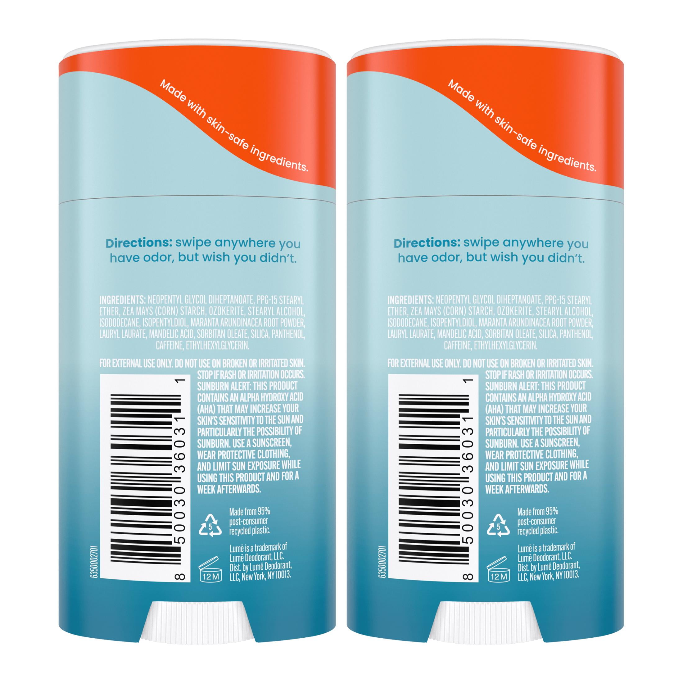 Lume Whole Body Deodorant Solid Stick - 72 Hour Odor Control - Aluminum Free, Baking Soda Free and Skin Safe - Unscented, 2.6oz (2 Pack)