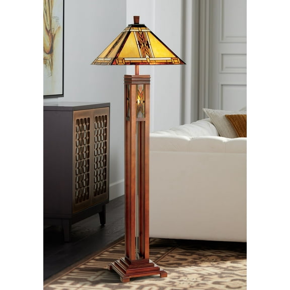 Robert Louis Tiffany Mission Rustic Floor Lamp 62 1/2" Tall Walnut Wood Column with Nightlight Wheat Stained Glass Shade for Living Room Bedroom House
