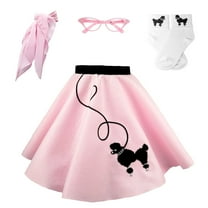 Hip Hop 50's Shop 1950s Girls 4 Piece Poodle Skirt Costume Outfit for Kids with Accessories (glasses, socks, scarf) (Small Child 4-6, Light Pink)