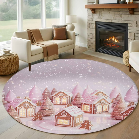 Pink Christmas Round Rug 5ft Washable Circle Kitchen Rugs Non Slip Xmas Farmhouse Snowflake Tree Large Area Rug Indoor Floor Carpet for Bedroom Living Room Home Office Dining Room Nursery