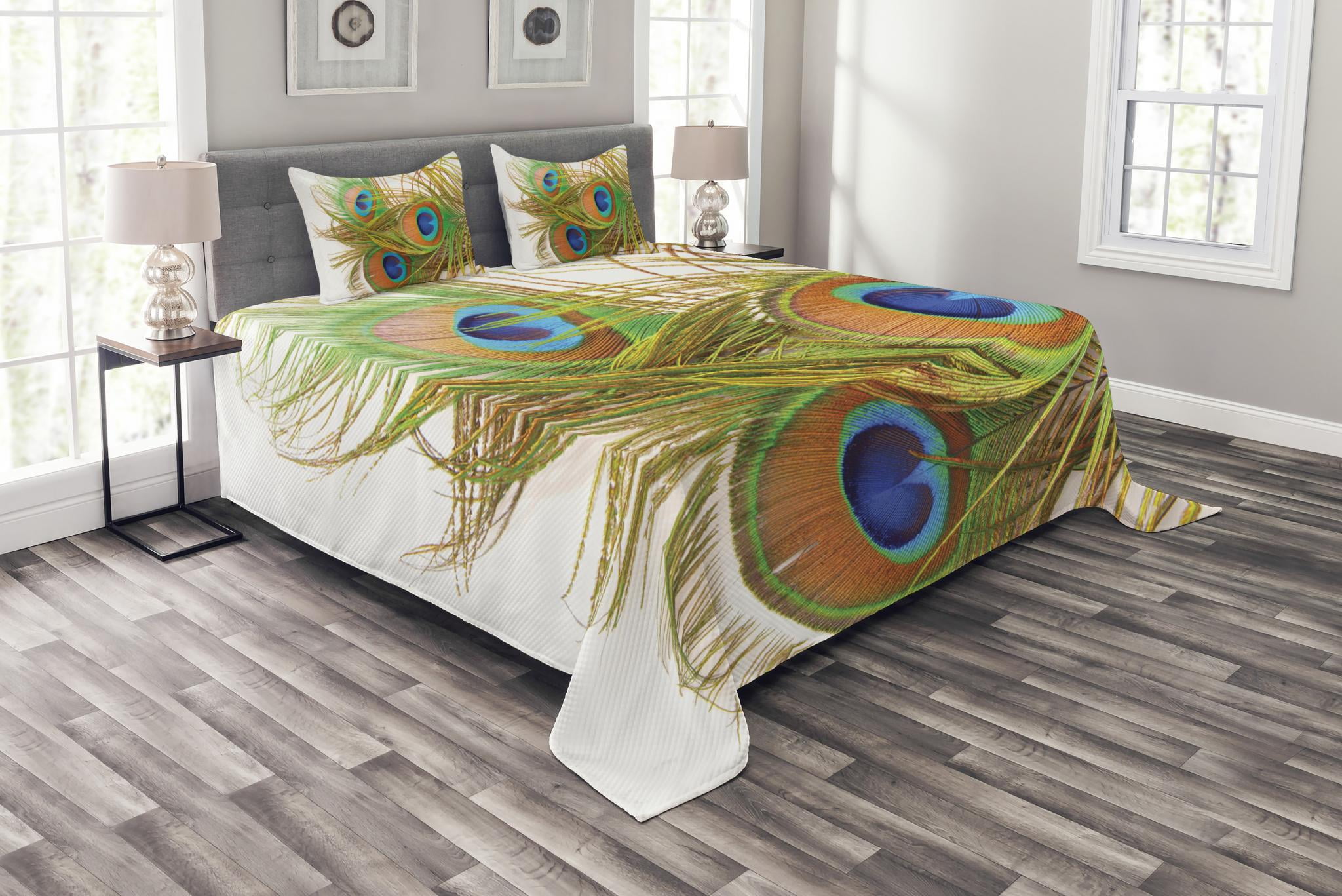 Peacock Bedspread Set Queen Size, Peacock Feathers Modern Spring Leaves Forest Trees Classic