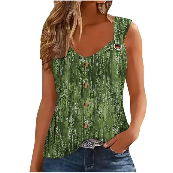 Hvot&aat Summer Tank Tops for Women V Neck Sleeveless O Ring Shoulder Blouses Loose Fit Button Up Printed Shirts