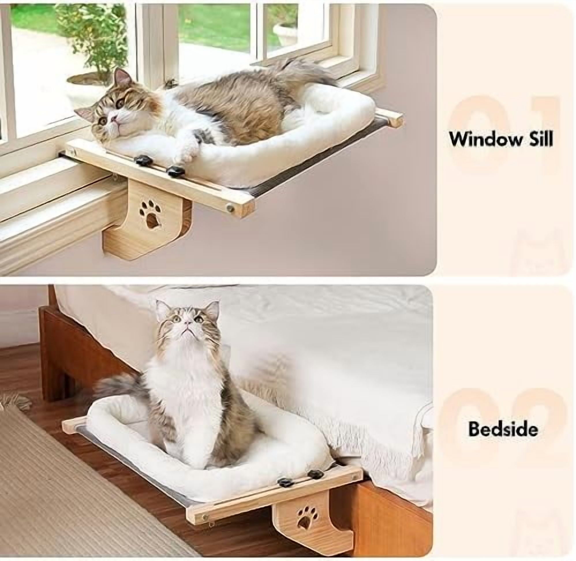 Cat Sill Window Perch Sturdy Hammock Window Seat with Cushion Cover, Wood & Metal Frame for Large Cats, Easy to Adjust Cat Bed for Windowsill, Bedside, Drawer and Cabinet (XL)