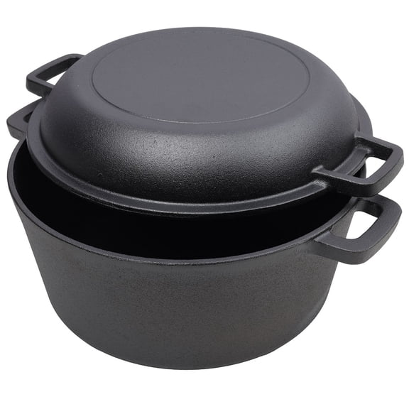 Pre-Seasoned 2-in-1 Cast Iron Dutch Oven with Skillet Lid, Black Iron, Anti-Scald Silicone Handle Covers