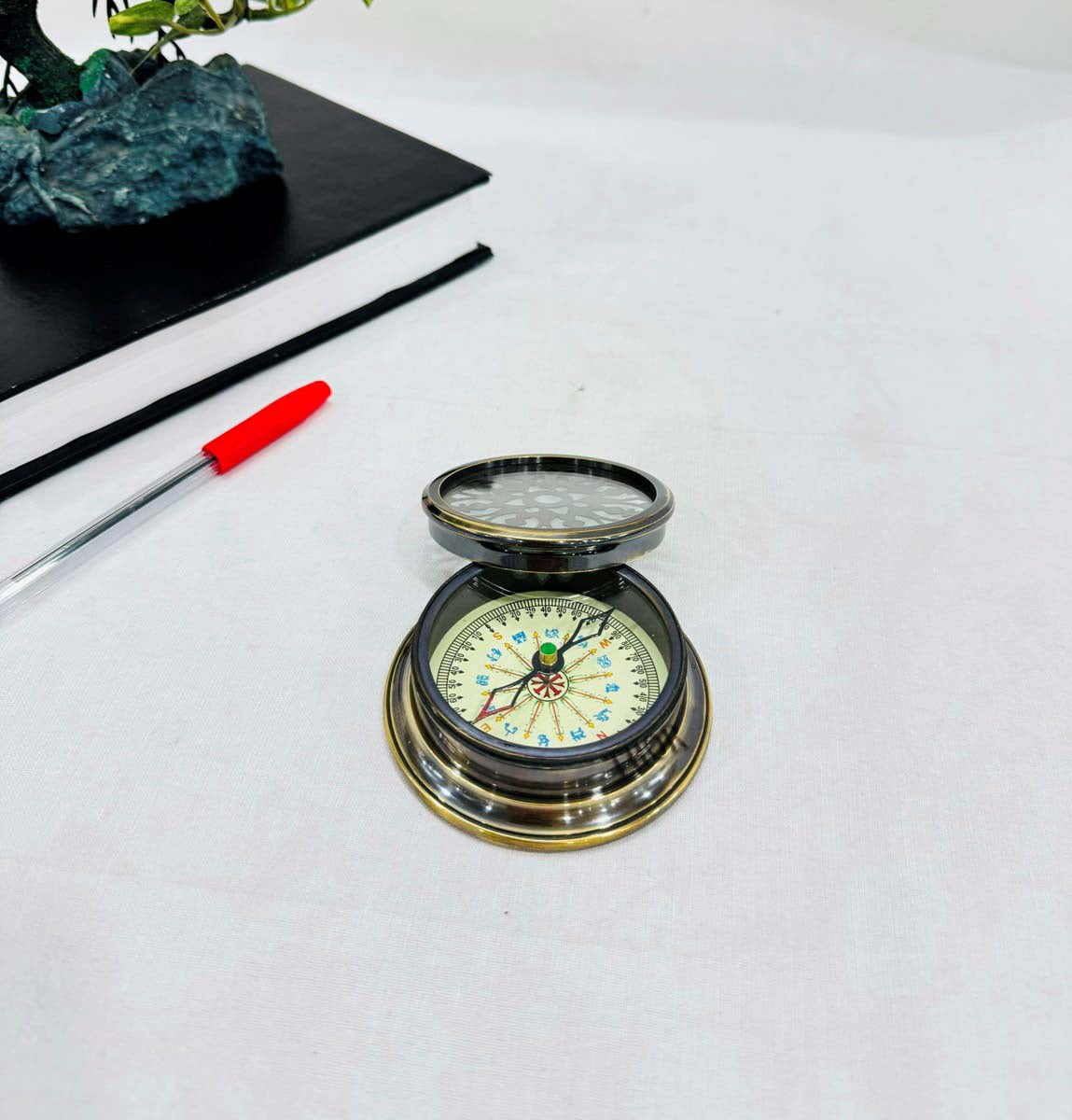 3" Nautical Brass Designer Pattern Direction Compass with Cap, Antique Look, Home Decor Gift Item
