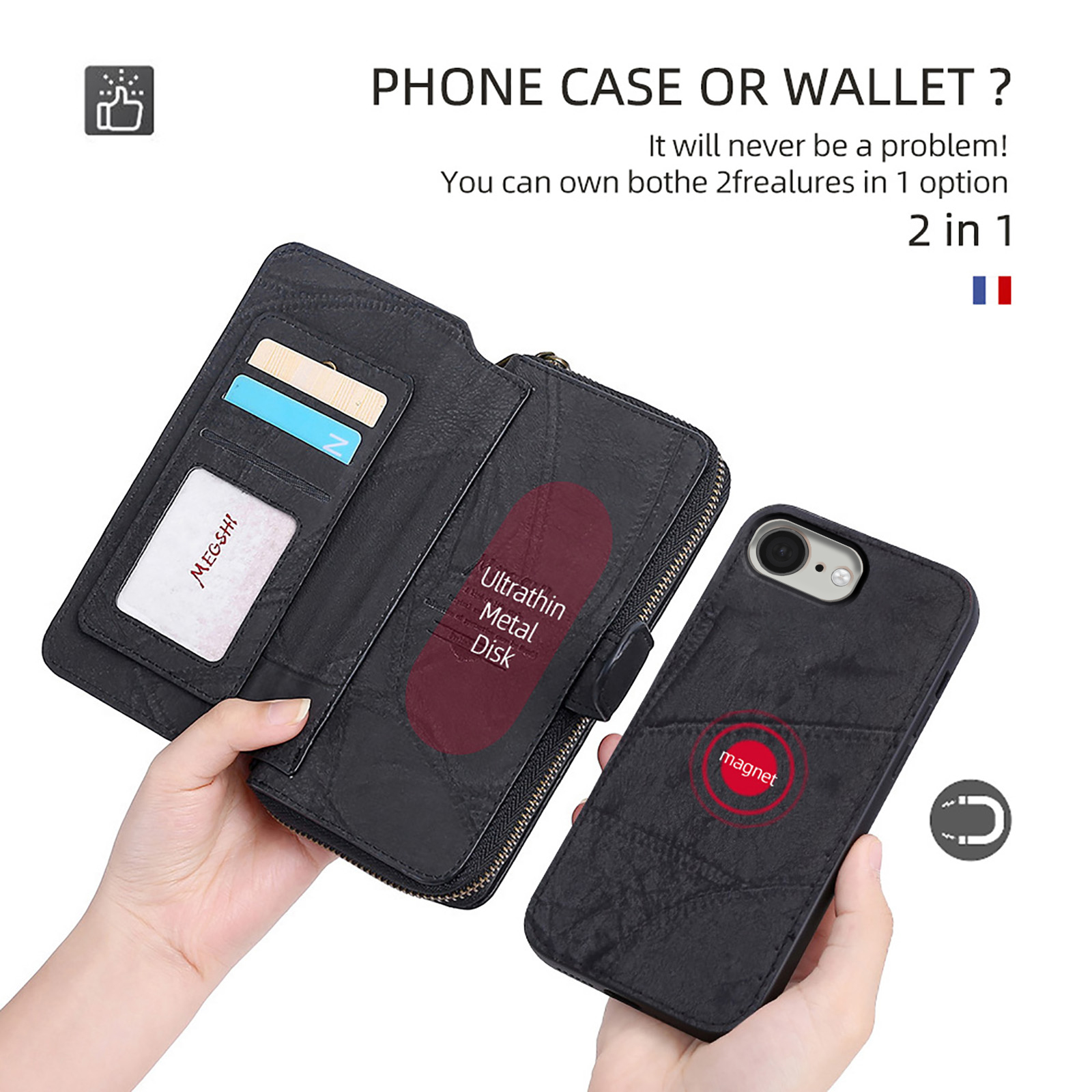 Compatible with iPhone 16e Wallet Case,Multi-Function Detachable 2 in 1 Magnetic,Flip Kickstand Strap Zipper Pocket Cash Slot Card Holder Purse Phone Case with Wrist Strap,Black