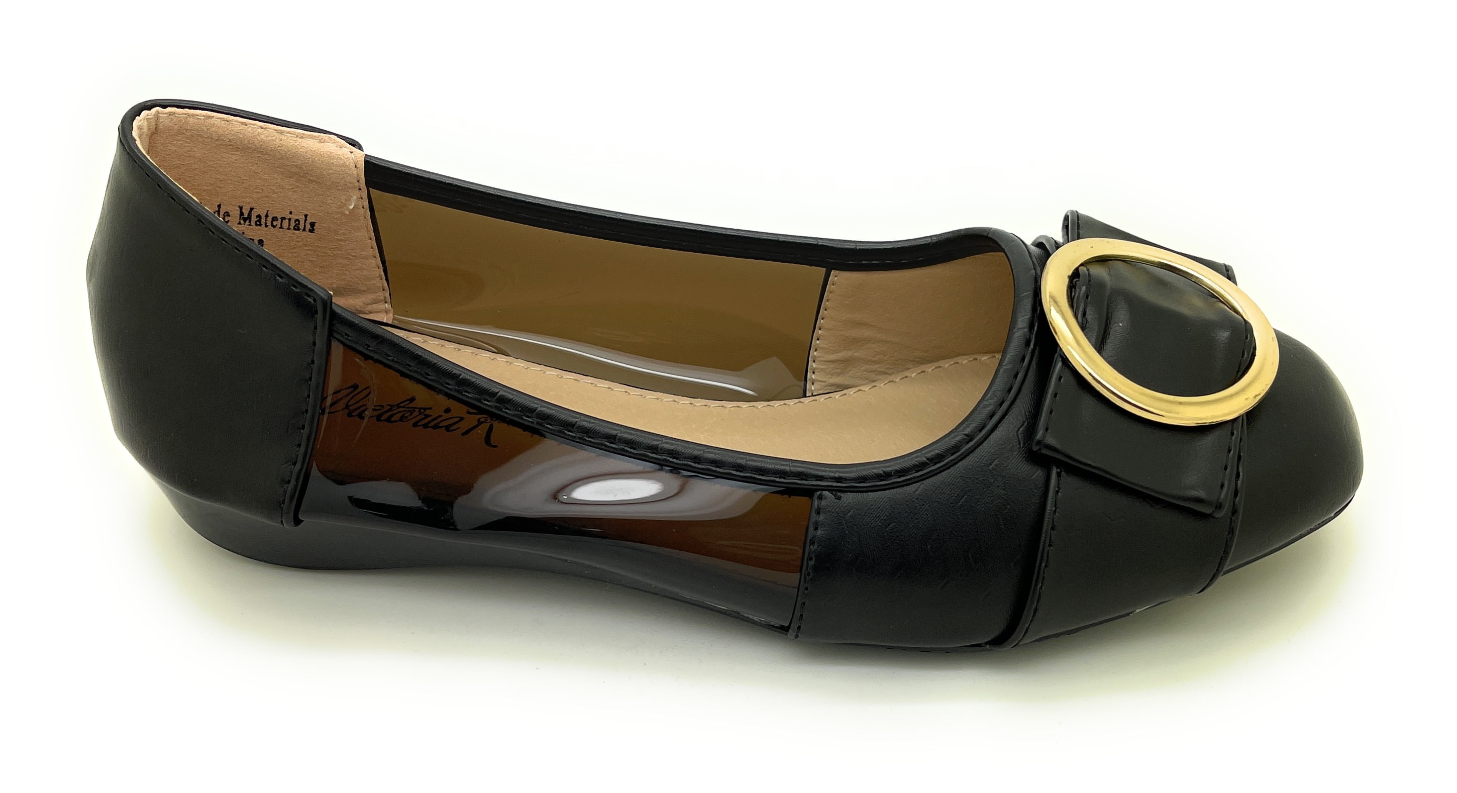 Women’s Dress Flats with Gold Buckle Accent – Square Toe Slip-On Shoes – Stylish Low Heel Comfortable Casual or Office Flats for Work, Travel, and Everyday Wear