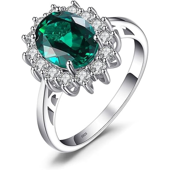 Divine Creation 925 Sterling Silver 2.00 Ct Oval Cut Green Emerald Wedding Engagement Halo Ring 14K White Gold Plated For Women's -9.5