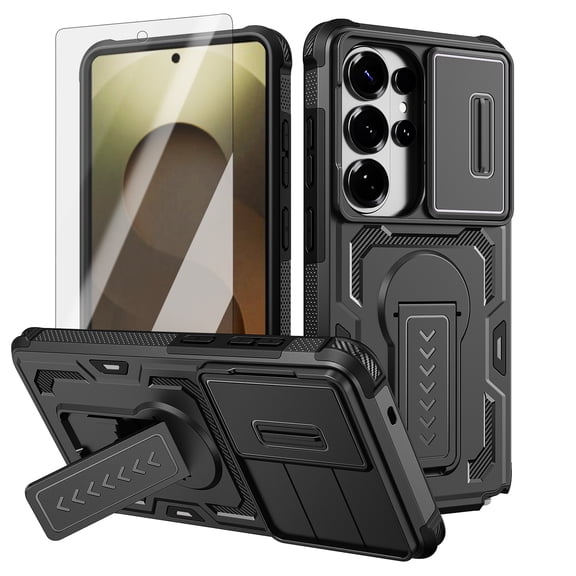 Dteck Case with Tempered Glass Screen Protector for Samsung Galaxy S26 Ultra,Shockproof TPU PC Case Sliding Camera Protection Built-in Kickstand Anti-Slip Back Cover for Galaxy S26 Ultra,Black