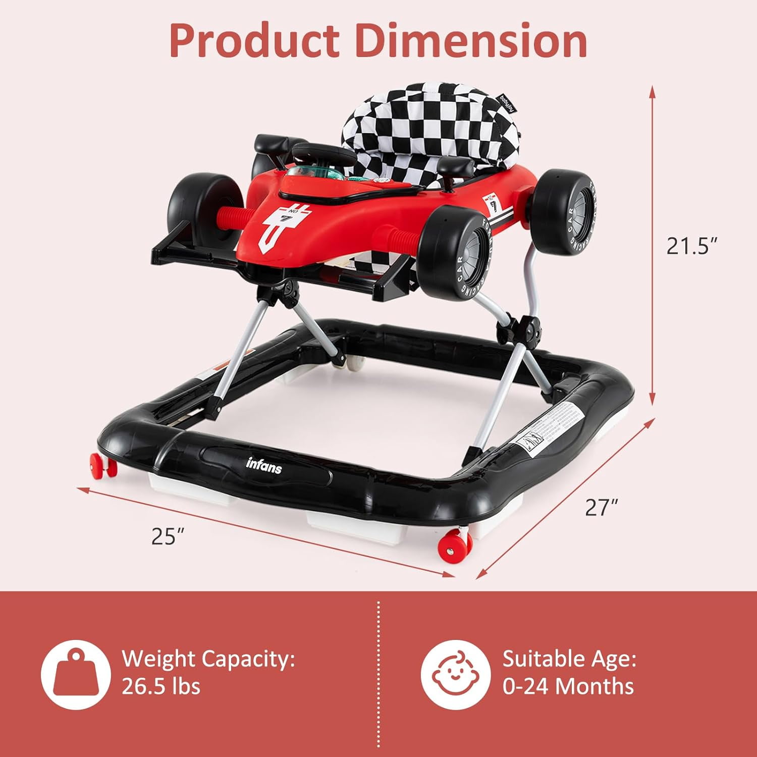 INFANS 4 in 1 Baby Walker, Foldable Toddler Activity Center with Adjustable Height, Padded Seat, Music, Light, Removable Toy Tray, Push Walker for Girls Boys Aged 6-18 Months