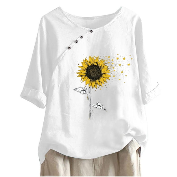 Blusas de Manga Corta para las Mujeres Impresas Cuello Redondo Camiseta Casual, Blusa de Algodón de Imitación para las Mujeres