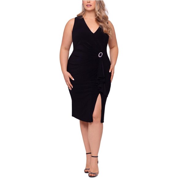 Betsy & Adam Womens Solid Slit Midi Dress, black, Plus Size, 16W