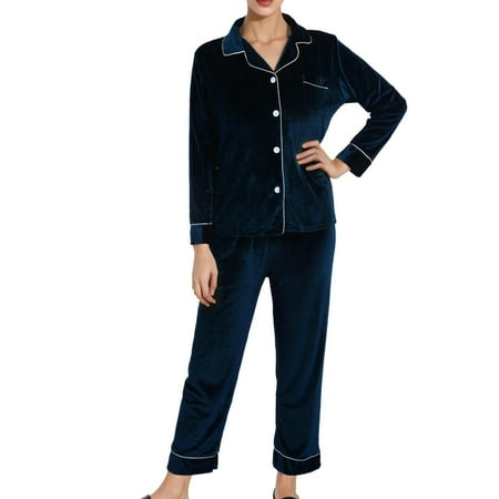 Sngxgn Women s Pajama Set Long Sleeve Top With Pants Lounge Sets Sleepwear Loungewear with Pockets(Dark Blue M)