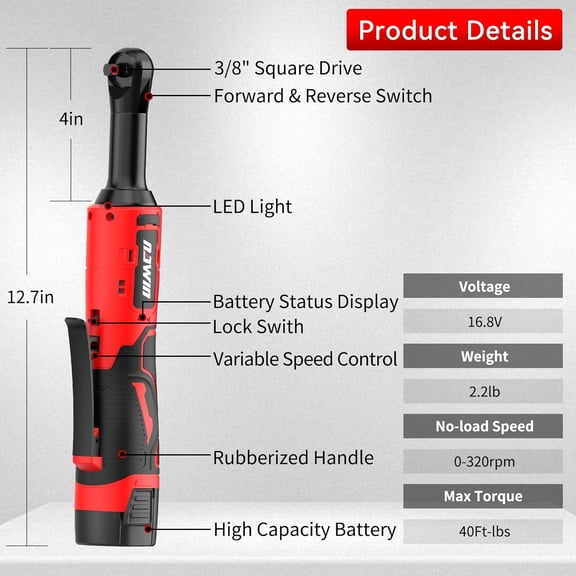 16.8V Electric Ratchet Wrench, 3/8" Cordless Ratchet with 2 Batteries, 40 Ft-lbs, Ultimate Mechanic Tool Set