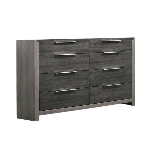 Benjara BM333902 Joho Wide Dresser - 8 Storage Drawers with Metal Handles - Gray Wood & Silver