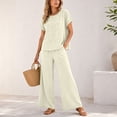thumbnail image 4 of Summer Vacation Two Piece Outfit Women Embroidery Short Sleeve Tops Wide Leg Pants Lightweight Casual Travel Set Beige M, 4 of 8