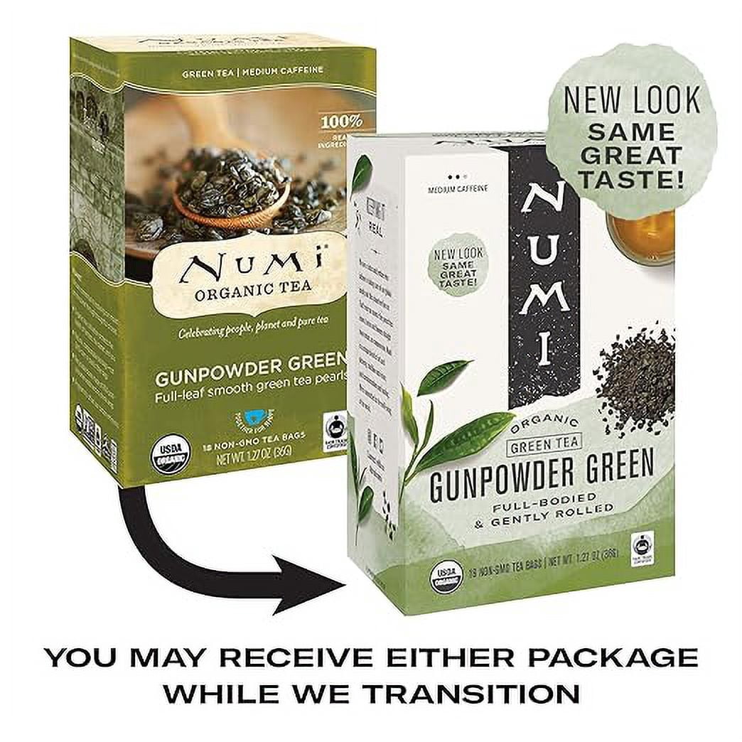 Numi Organic Tea Gunpowder Green, 18 Tea Bags (Pack of 6), Full-Bodied Gently Rolled Chinese Green Tea (Packaging May Vary)