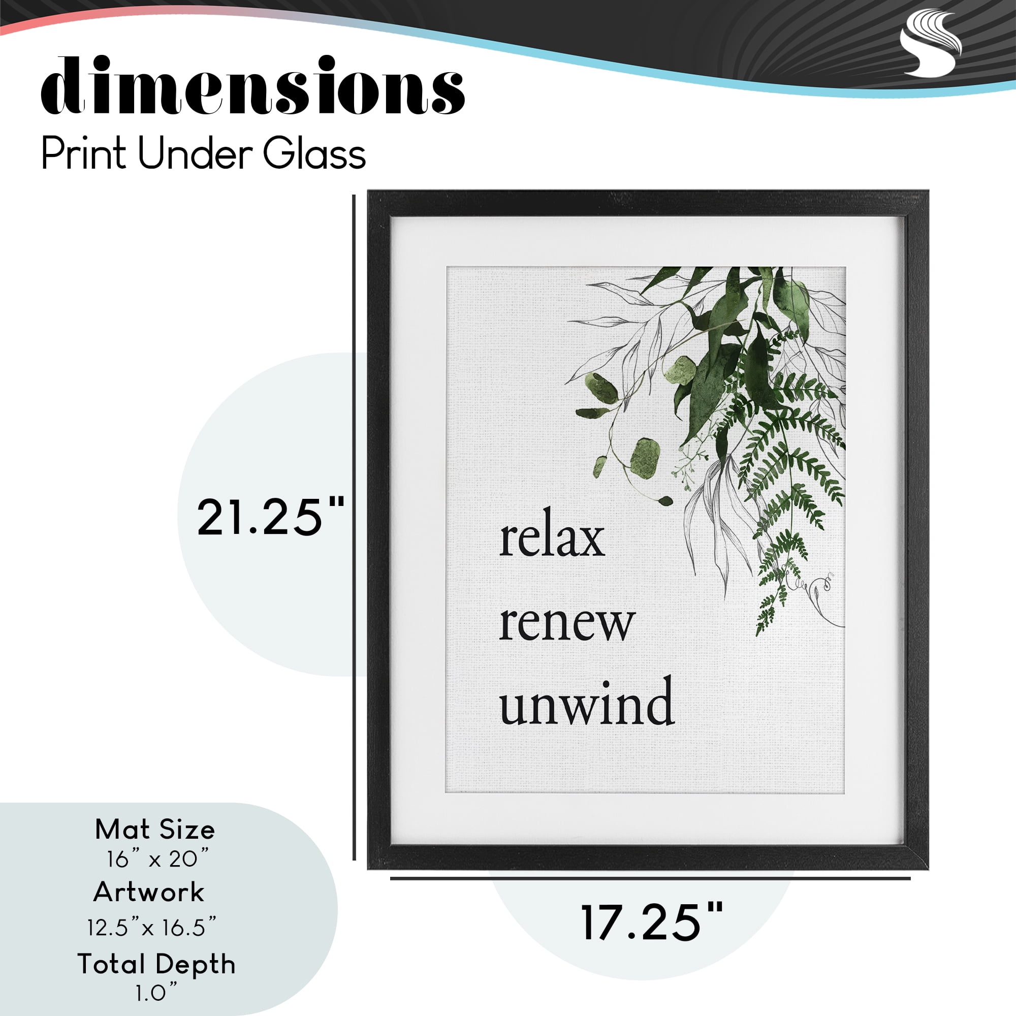 Relax Renew Unwind with Foliage Black Framed Print Under Glass, design by Lettered and Lined