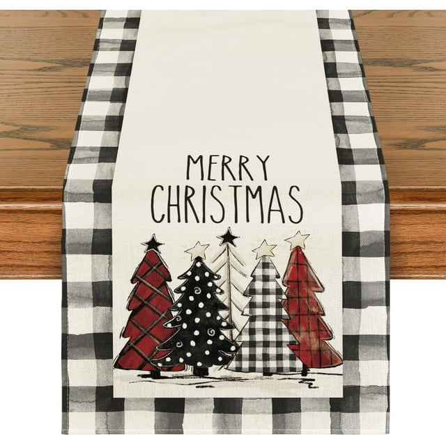 Artoid Mode Waterclor Buffalo Plaid Árboles de Navidad Feliz Navidad Camino de mesa, temporada de invierno, vacaciones, cocina, mesa de comedor, decoración para interiores y exteriores, decoración de