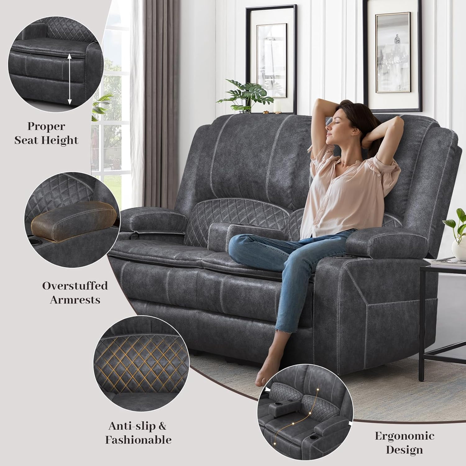 Loberfve Power Reclining Loveseat with Storage & USB Ports, Wall Hugger Recliner Sofa for Home Theater, Removable Armrests, 2-Tier Cushions, Gray