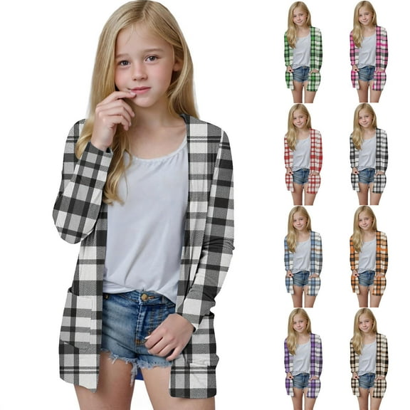Swuxness Girls Print Cardigan Outerwear Long Sleeve with Pockets Casual Open Front Fashion Shirts Purple 11-12 Years