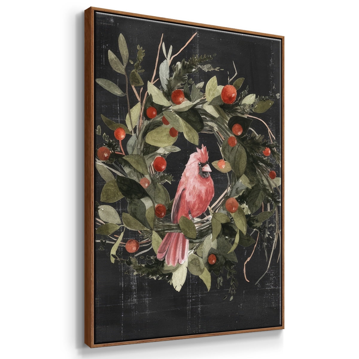 Christmas Cardinal II - Framed Gallery Wrapped Holiday Canvas - 27 x 41 - Rosewood Frame