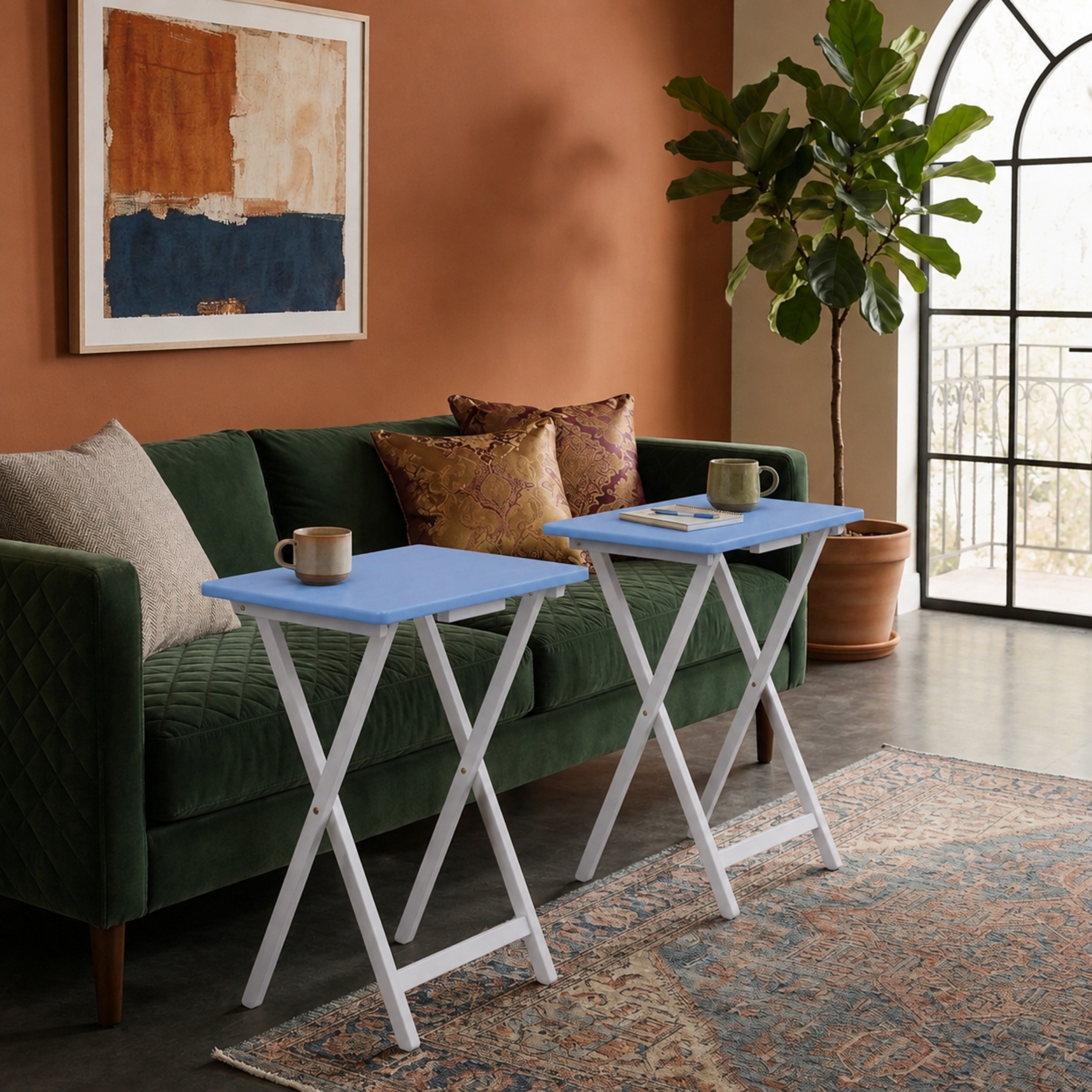 Mainstays Solid Rubberwood Folding TV Tray Tables, Seaside Blue, Set of 2 photo 3